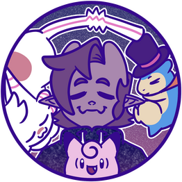 A moving gif of the artist's mascot, named Bean. Bean is a light purple colored monster witha round head and two horns on top of her head that curve backwards. Her face is simple, with two oval eyes and a mouth with two pointed shapes that look like teeth